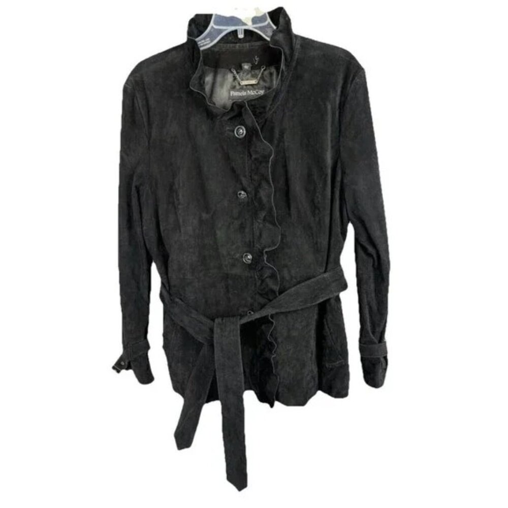 NWT Pamela McCoy Couture Suede Leather Jacket Coat Size M Ruffle Belted